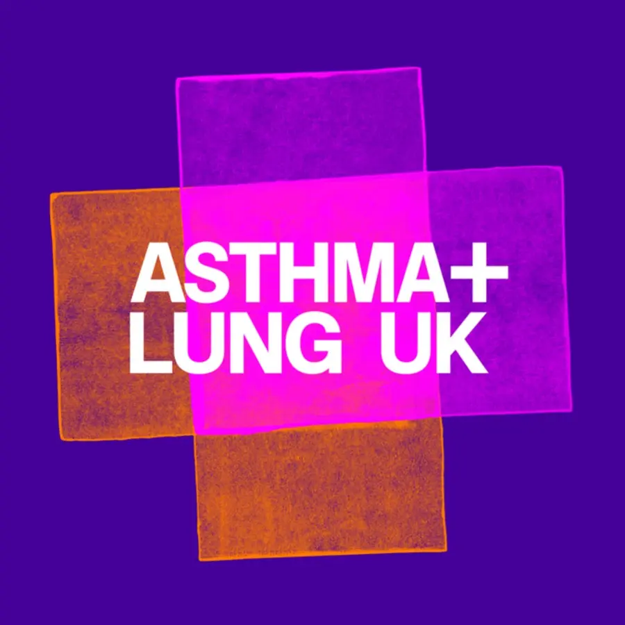 Asthma + Lung UK logo with bold white text over pink and orange squares on a purple background.